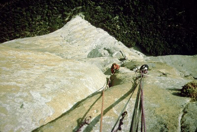 Approaching long ledge on the Salathe route - about 800 meters up El Cap
